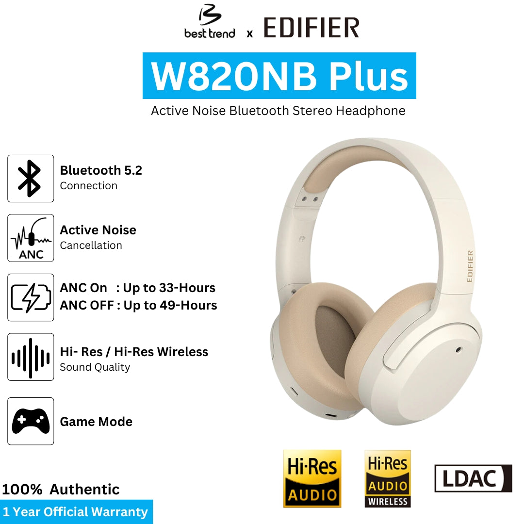 Edifier W820NB Plus Hybrid Active Noise Cancelling Headphones - LDAC Codec - Hi-Res Audio - Fast Charge - Over Ear Bluetooth V5.2 Headphones for Travel, Flight, Train, and Commute-Ivory