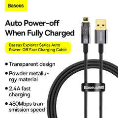 (Buy 1 Get 1) Baseus Explorer Series Auto Power-Off 2.4A iPhone Fast Charging Data Cable (1M) - Blue
