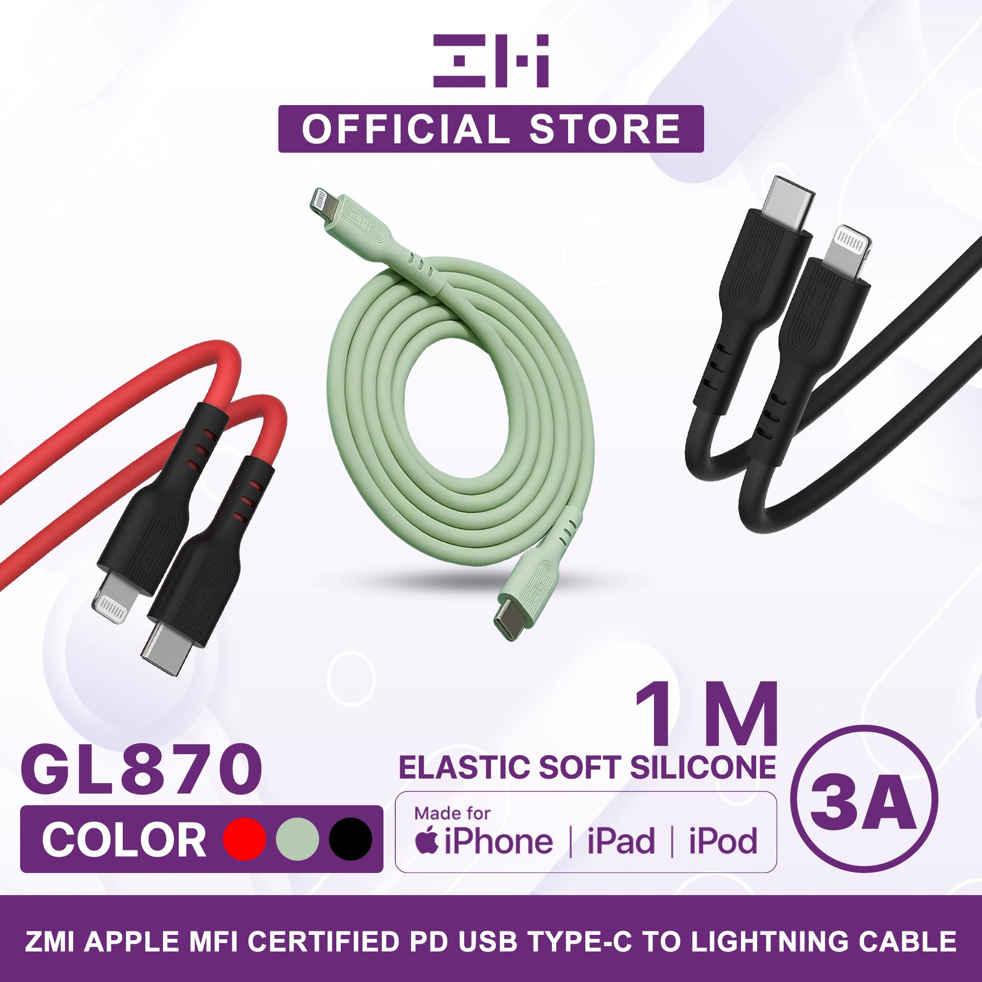 ZMI GL870 USB-C TO LIGHINING MFI CERTIFIED SILICA GEL CABLE (3A)1M, ZMI C to Lightning liquid silicone data cable, PD20W fast charge for iPhone13/12/11Pro/Xs/XR mobile phone charger flash charging line GL870, MFi Cable, Lighting Cable - RED