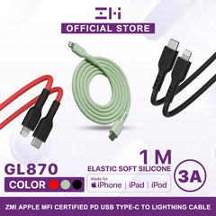 ZMI GL870 USB-C TO LIGHINING MFI CERTIFIED SILICA GEL CABLE (3A)1M, ZMI C to Lightning liquid silicone data cable, PD20W fast charge for iPhone13/12/11Pro/Xs/XR mobile phone charger flash charging line GL870, MFi Cable, Lighting Cable - RED