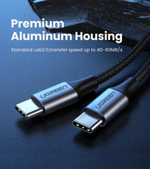 UGREEN TYPE.C TO TYPE.C CABLE 1M ALUMINUM CASE BRAIDED,C TO C  Data Cable ,Type C to Type C Fast Charging Cable , USB C Cable , PD Cable , PD Port , C to C Cable Samsung , Xiaomi , Apple , Huawei