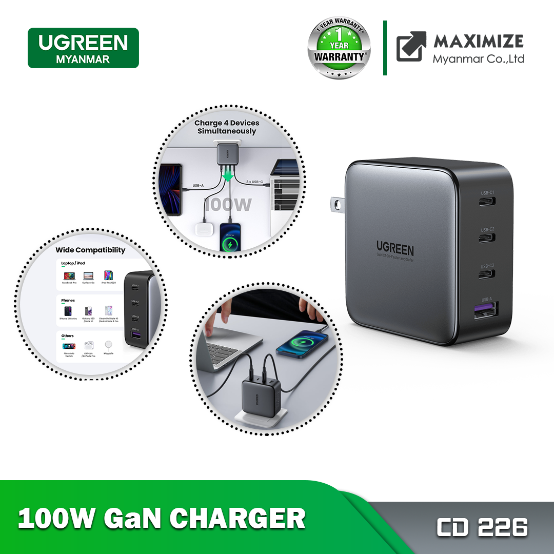 UGREEN CD226 GAN FAST CHARGER 100W (1USB,3TYPE-C), GAN 100W Charger, 100W Fast Charger