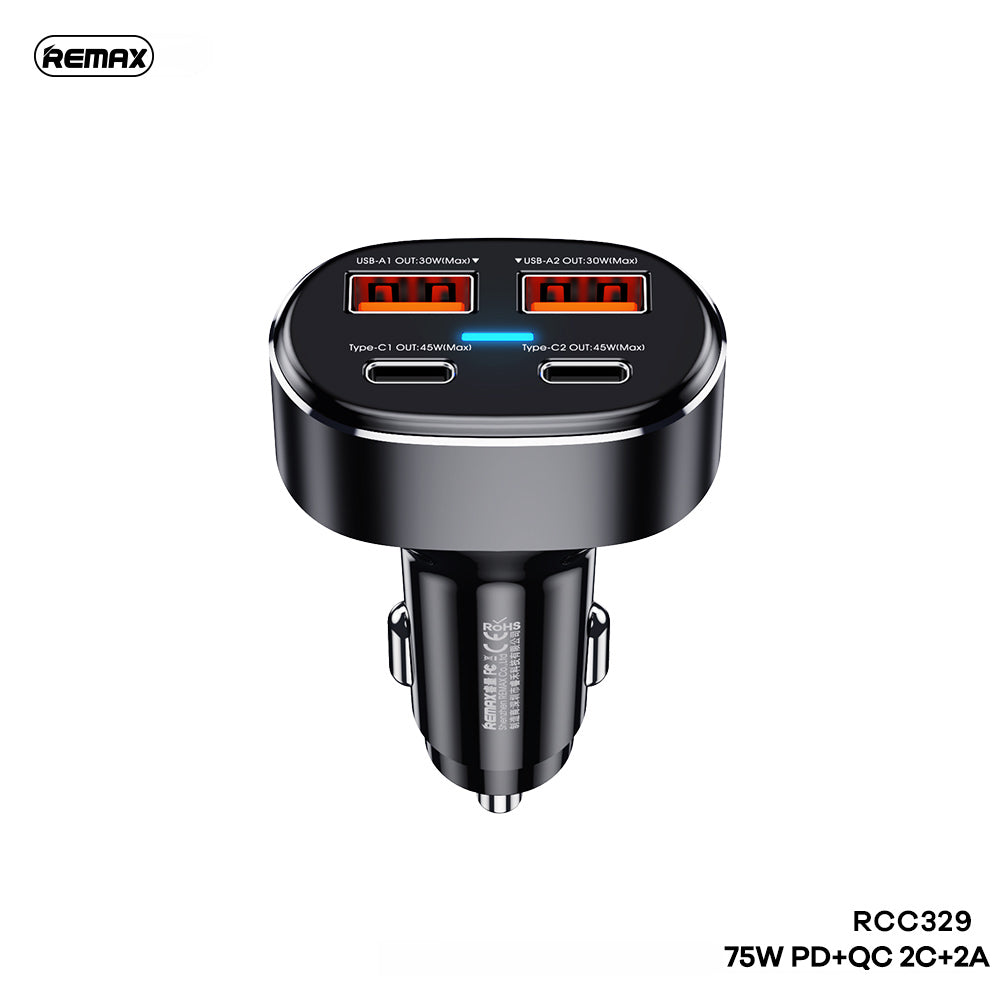 REMAX RCC329 DUKE SERIES 75W PD+QC FAST CAR CHARGR (2USB / 2TYPE-C), 75W Car Charger, PD+QC Car Charger