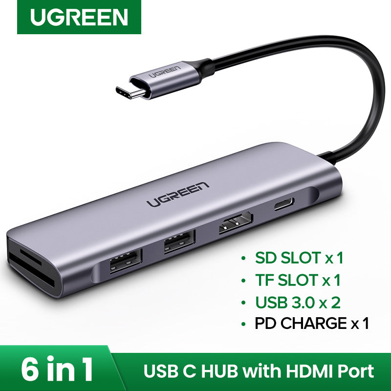 UGREEN CM195 USB-C to 2 Ports USB3.0-A Hub + HDMI + TF/SD with PD Power Supply (Space Gray)