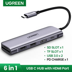 UGREEN CM195 USB-C to 2 Ports USB3.0-A Hub + HDMI + TF/SD with PD Power Supply (Space Gray)