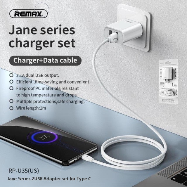 REMAX RP-U35(TYPE-C) JANE SERIES 2.1A DUAL USB CHARGER SET RP-U35A,USB Phone Charger,Smart Phone Charger,Andriod Phone Charger , Muti port usb charger,quick charger,fast charger,the best usb phone charger,wall charger,Portable Charger