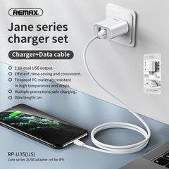 REMAX RP-U35(IPH) JANE SERIES 2.1A DUAL USB CHARGER SET RP-U35I,USB Phone Charger,Smart Phone Charger,Andriod Phone Charger , Muti port usb charger,quick charger,fast charger,the best usb phone charger,wall charger,Portable Charger