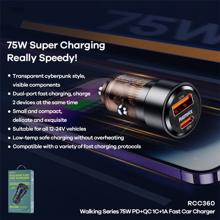 REMAX RCC360 WALKING SERIES 75W PD+QC 1C+1A FAST CAR CHARGER