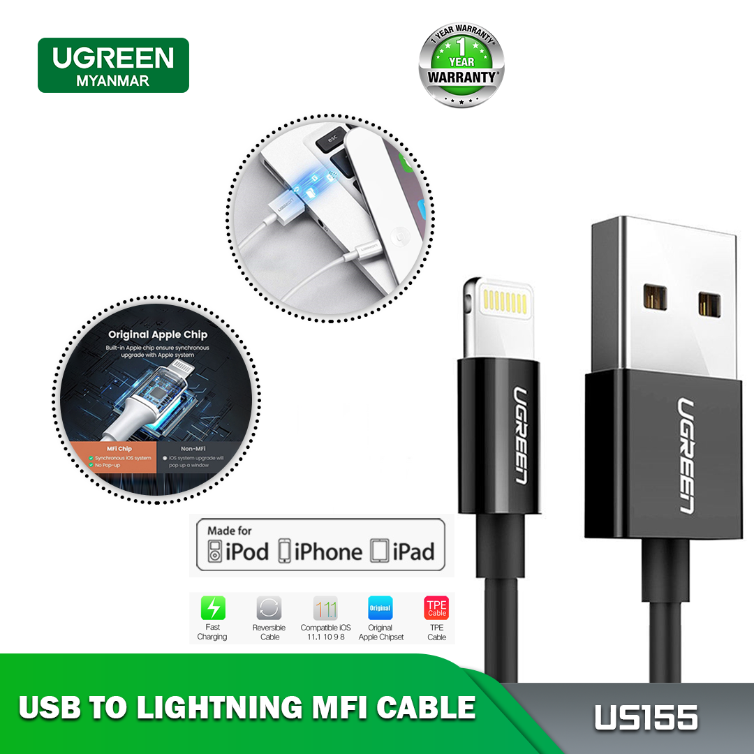 Ugreen US155 USB 2.0A Male to Lighting Male Nickel Plating Abs Shell MFI Cable 2M - Black