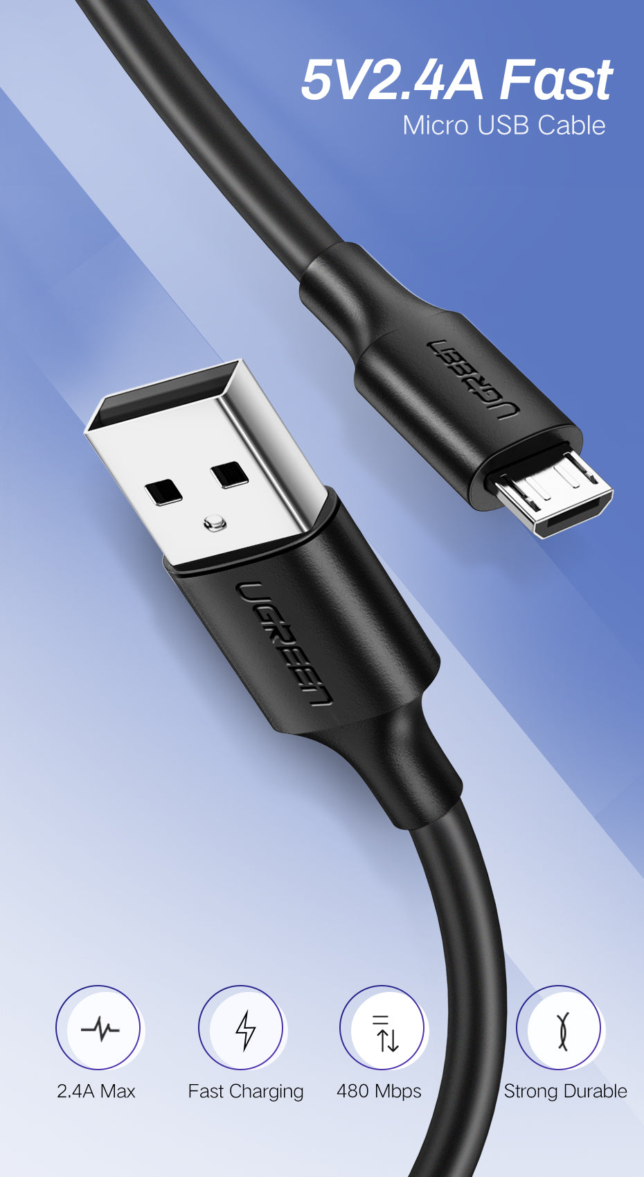 Ugreen US289 USB 2.0A to Micro USB Cable Nickel Plating 1.5M - Black