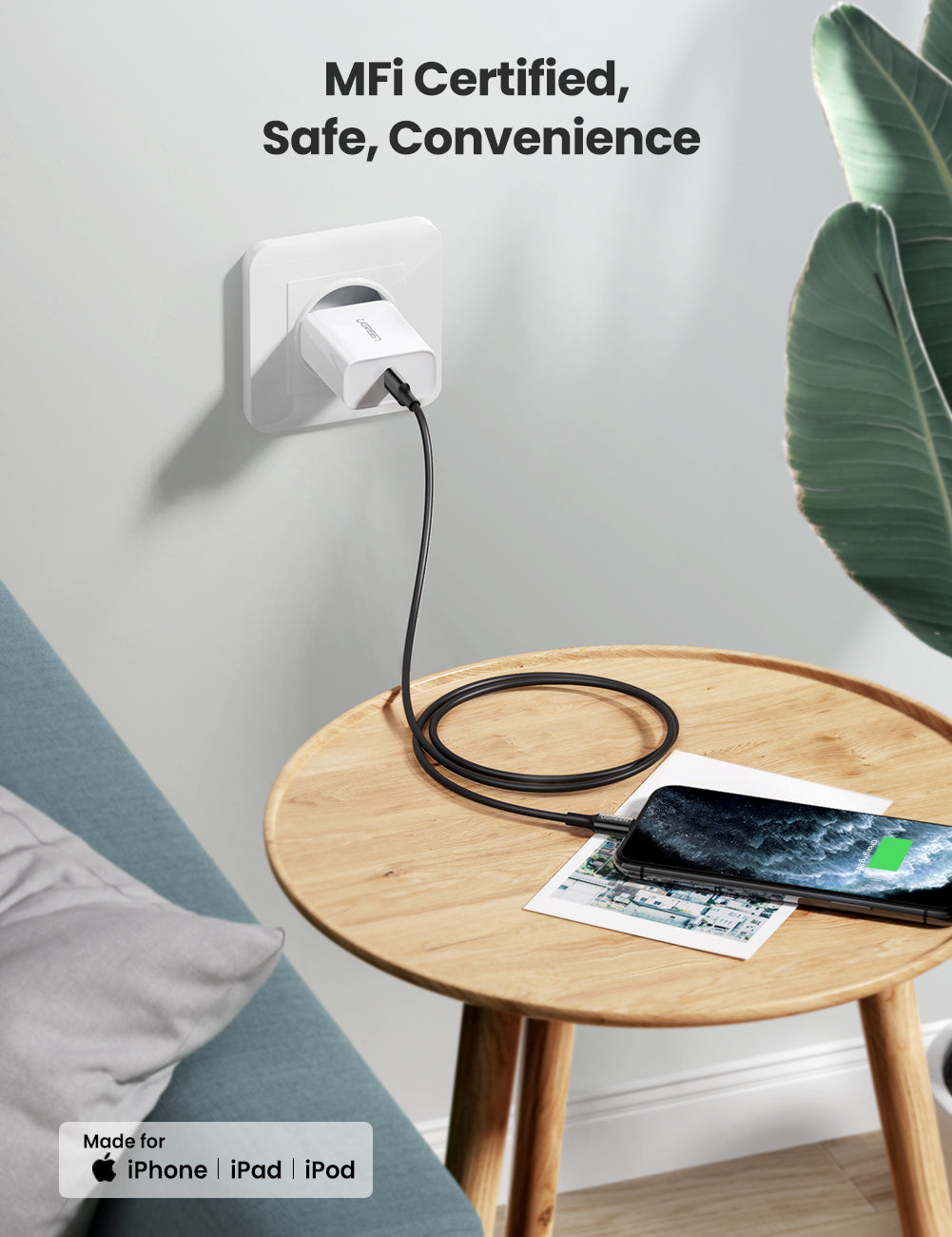 UGREEN USB-C TO LIGHTNING (PD) FAST CHARGING 3.0A MFI CABLE M/M  RUBBER SHELL / NECLE PLATING 1M - BLACK