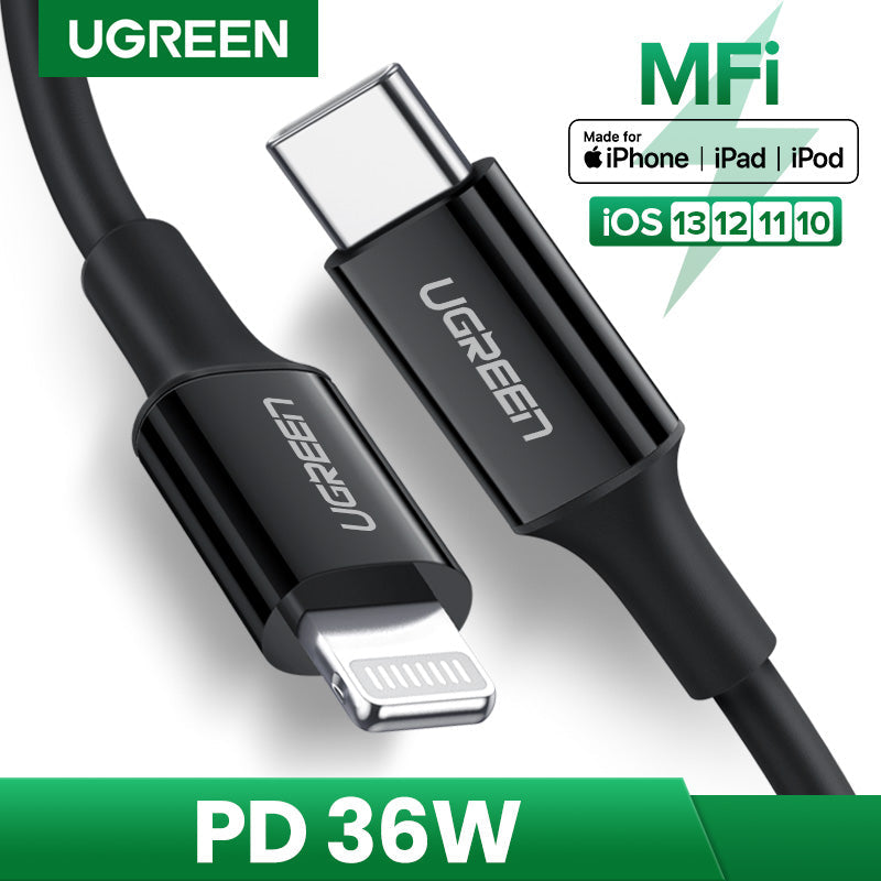 UGREEN USB-C TO LIGHTNING (PD) FAST CHARGING 3.0A MFI CABLE M/M  RUBBER SHELL / NECLE PLATING 1M - BLACK