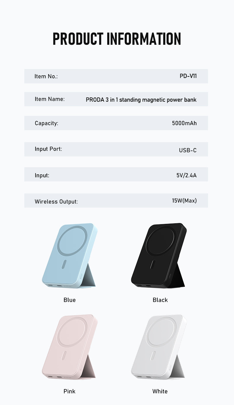 PRODA 3-in-1 Magnetic Wireless Charger 15W+QC+PD20W 5000mAh PowerBank (PD-V11)