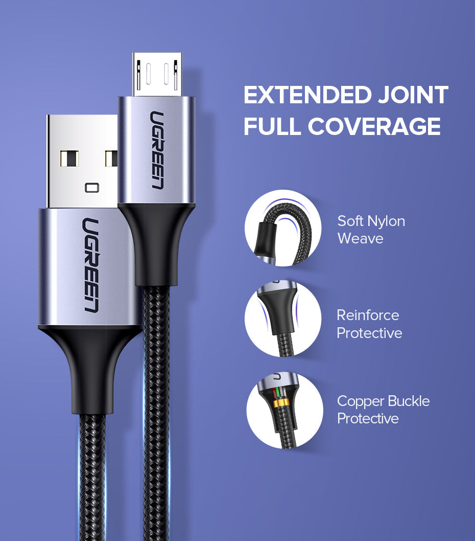 Ugreen US290 Micro USB 2.0 Nylom Braid Metal Cable 1M - Black