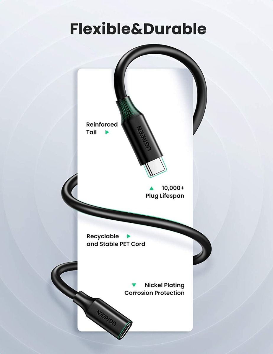 UGREEN US353 USB-C/M TO USB-C/F GEN2 5A EXTENSION CABLE (1M)(5A), USB-C/M TO USB-C/F Extension, USB-C/M TO USB-C/F 5A Extension Cable