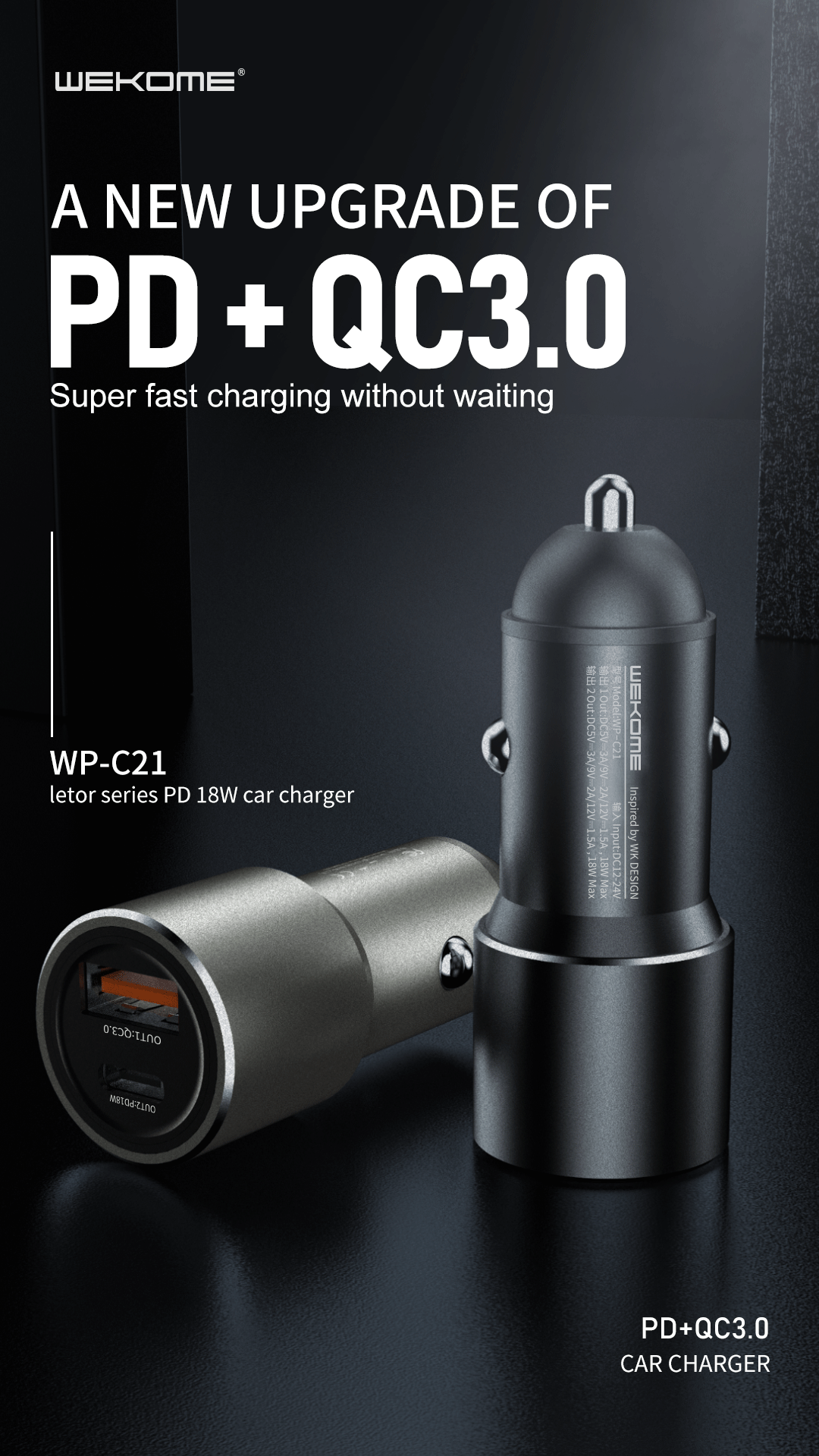 WK LETOR PD 18W CAR CHARGER (WP-C21) ,Car Charger , Car Charger Adapter , cell phone car charger , USB Car Charger , Fast Car Charger , Car charger for Micro , iPhone , Type C , Lightning ,Android Car Charger , Cigarette Lighter iPhone Car Charger