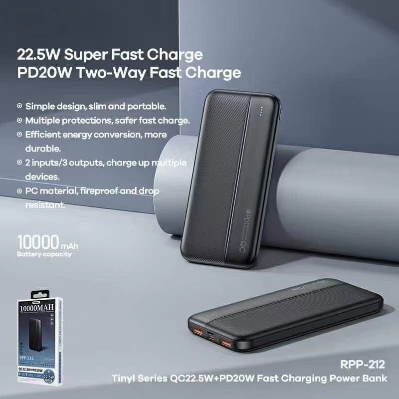 REMAX  RPP-212 TINYL Series 10000mAh Power Bank, PD18W&QC3.0A,Powerbank,Powe Bank 10000mah,10000mah Power Bank,10000mah Powerbank,20W PD Power Bank ,Type C Power Bank, Apple Power Bank Best Power Bank For iPhone12,Fast Charge Power Bank ,USB C Power Bank