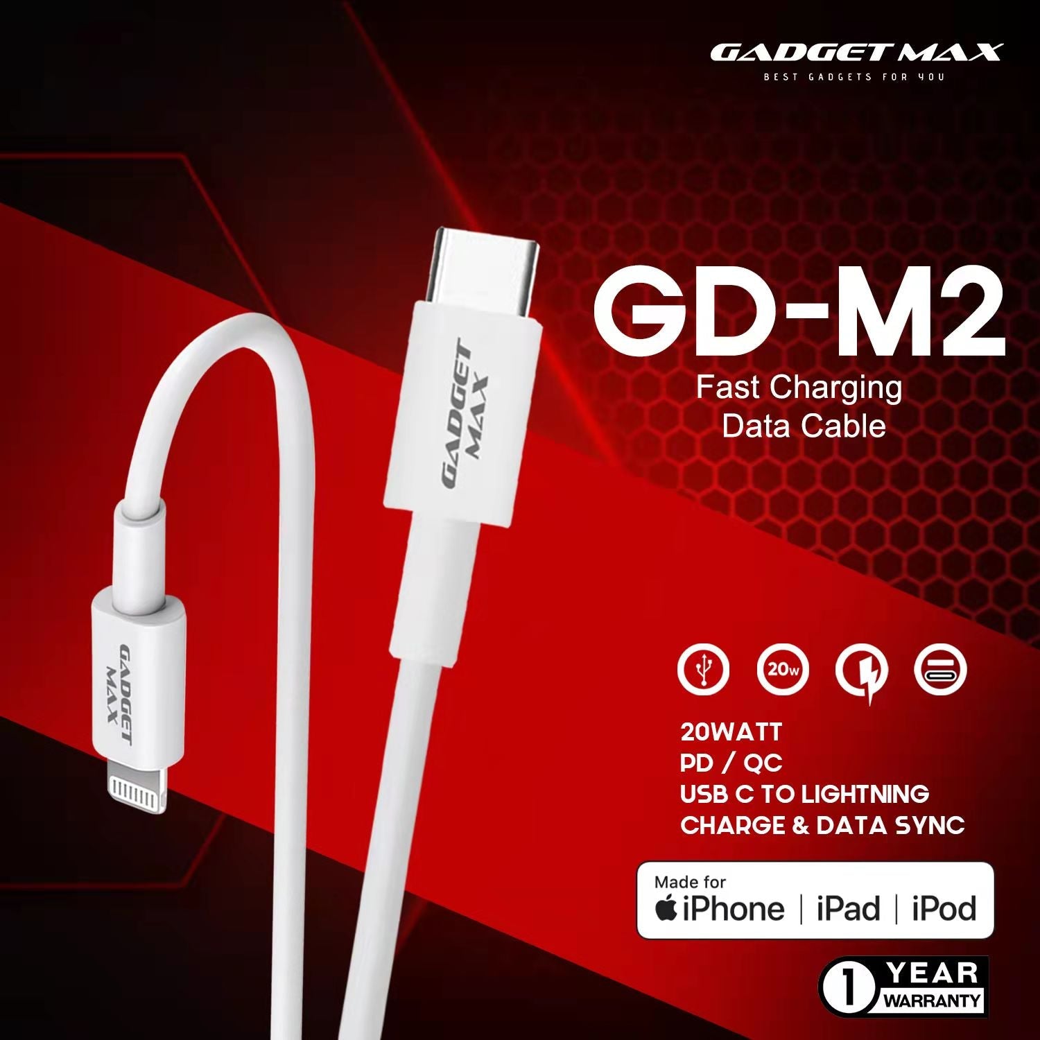 GADGET MAX M2 USB-C TO LIGHTNING MFI FAST CHARGE & DATA SYNC CABLE, PD/QC 20W(3A)(1200mm)