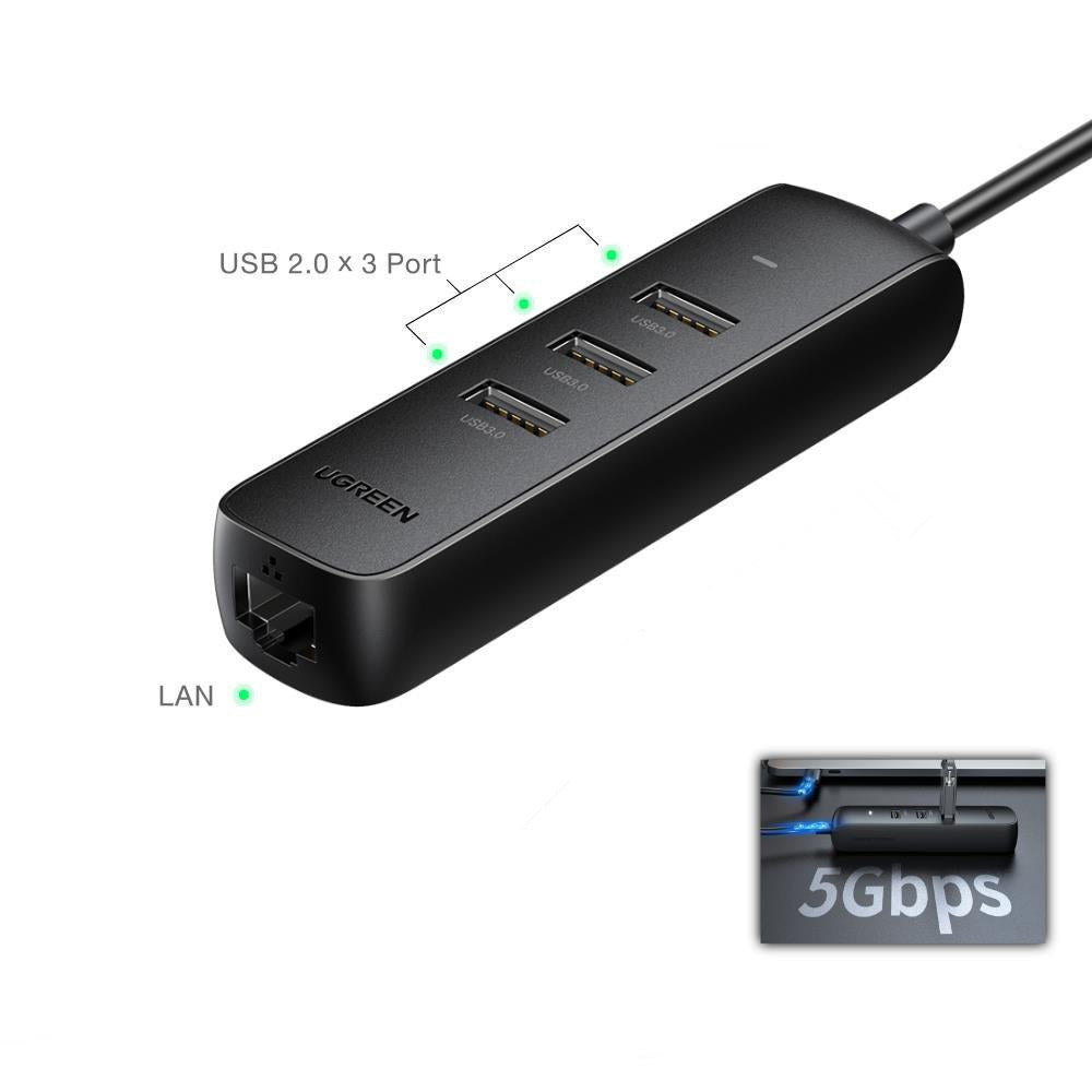 UGREEN CM416 USB 2.0 TO 3*USB 2.0+RJ45 (100Mbps)ETHERNET ADAPTER - Black