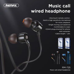 REMAX Wired Earphone RM-725,3.5MM Earphone,Wired Earphone ,Best wired earphone with mic ,Hifi Stereo Sound Wired Headset ,sport wired earphone ,3.5mm jack wired earphone ,3.5mm headset for mobile phone ,universal 3.5mm jack wired earphone
