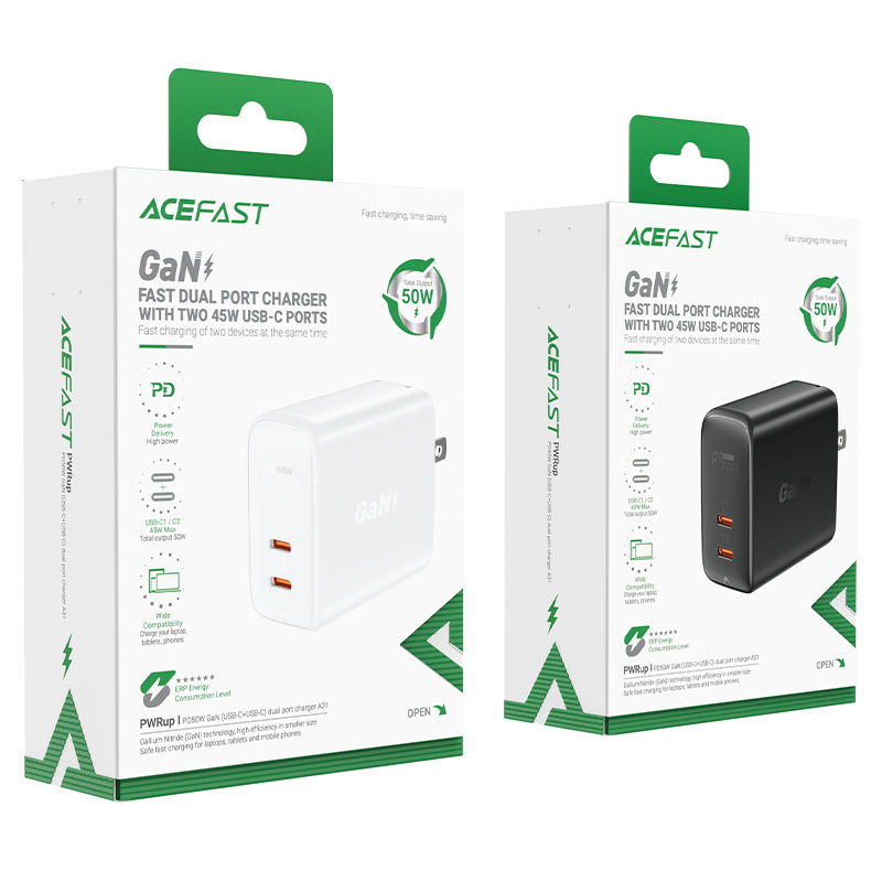 ACEFAST A31 PD 50W GAN (USB-C+USB-C) DUAL PORT CHARGER - BLACK